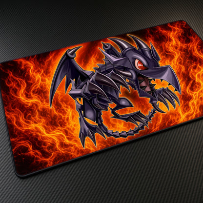 Red-Eyes Black Dragon Flames Yu-Gi-Oh! Playmat at an angle on a gaming desk