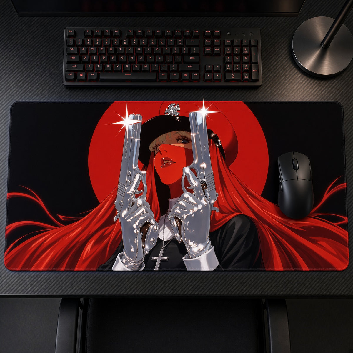Red Gunslinger Girl Anime Playmat on a gaming desk, top-down view