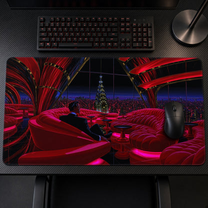 Red Neon Lounge Skyline Playmat on a gaming desk, top-down view
