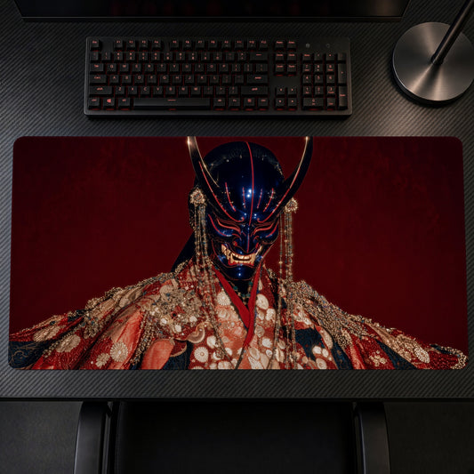 Red Oni Samurai Mask Playmat on a gaming desk, top-down view