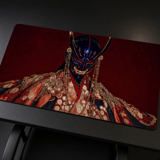 Red Oni Samurai Mask Playmat at an angle on a gaming desk