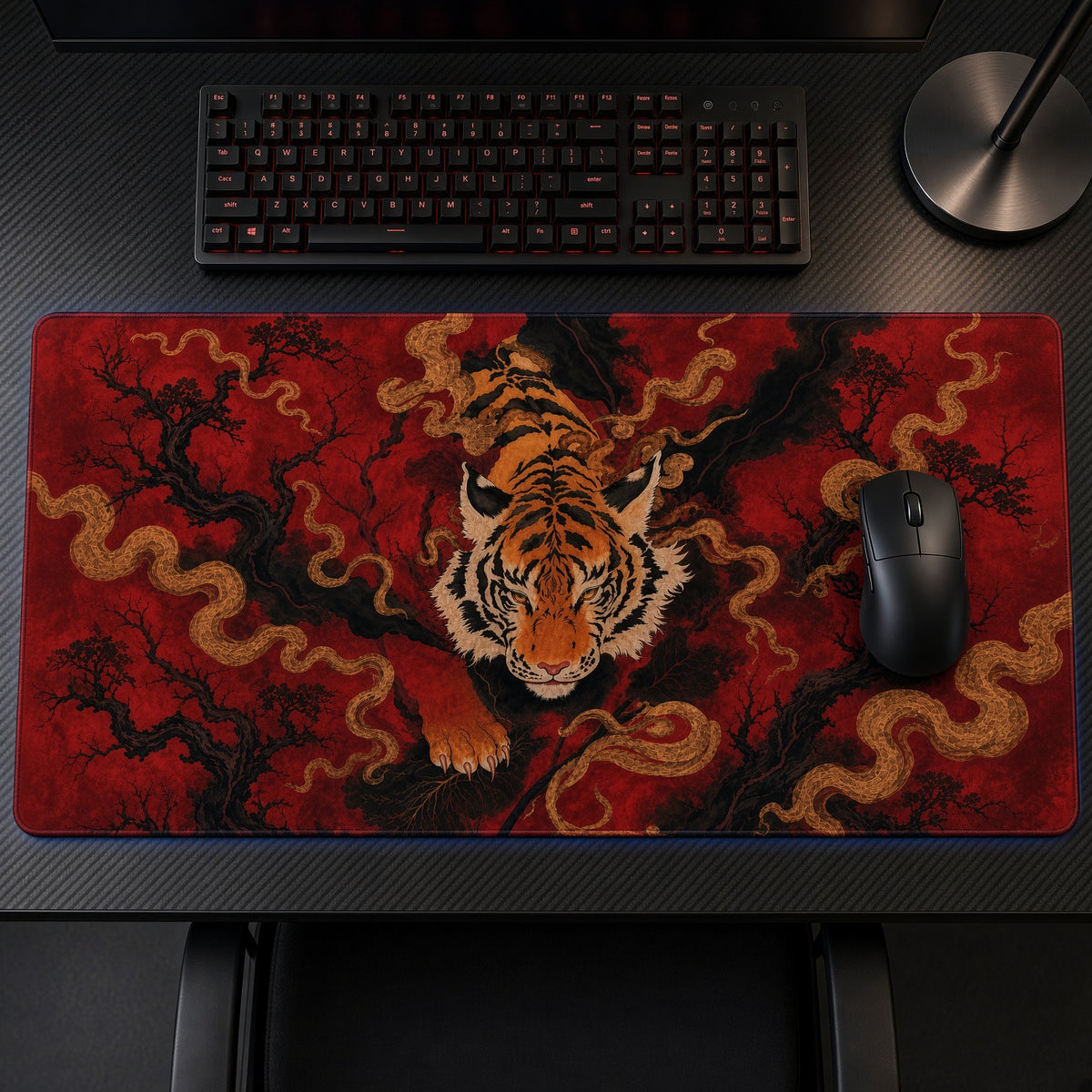 Red Tiger Japanese Art Playmat on a gaming desk, top-down view