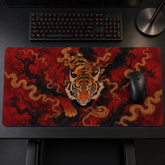 Red Tiger Japanese Art Playmat on a gaming desk, top-down view