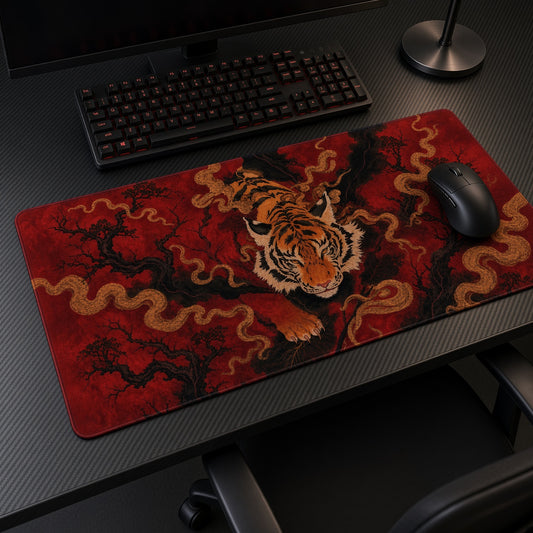 Red Tiger Japanese Art Playmat at an angle with keyboard and mouse