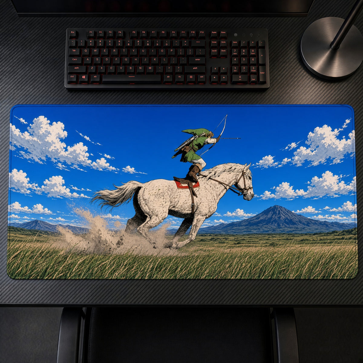 Rider on White Horse Prairie Playmat on a gaming desk, top-down view