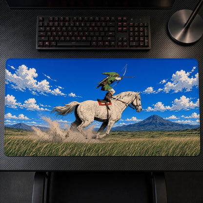 Rider on White Horse Prairie Playmat on a gaming desk, top-down view