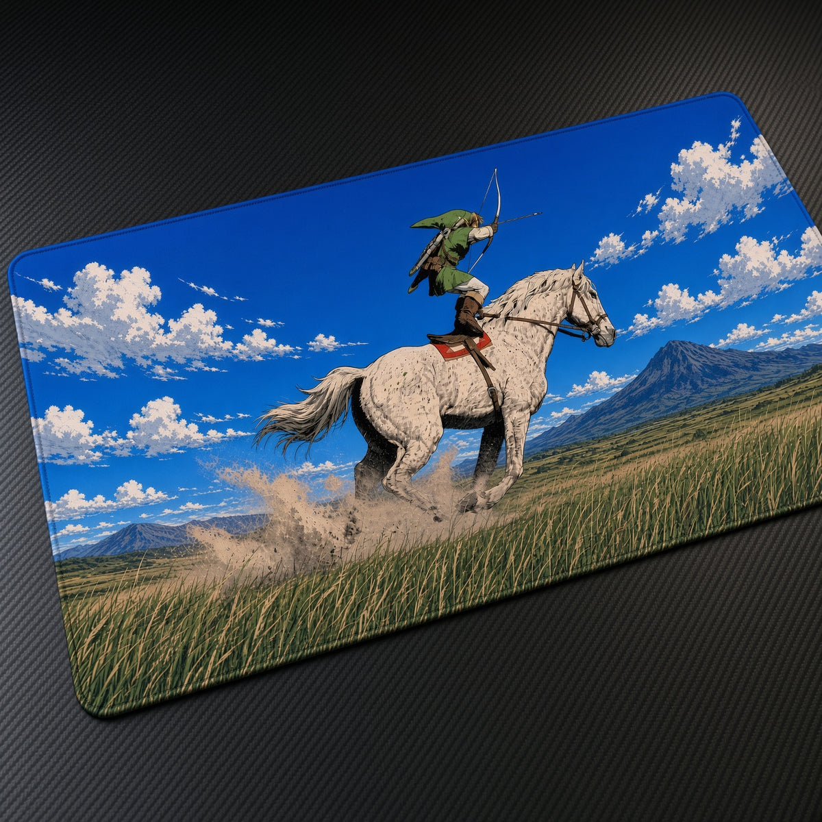 Rider on White Horse Prairie Playmat at an angle on a gaming desk