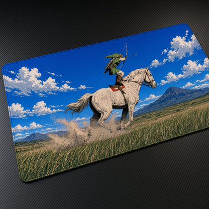 Rider on White Horse Prairie Playmat at an angle on a gaming desk