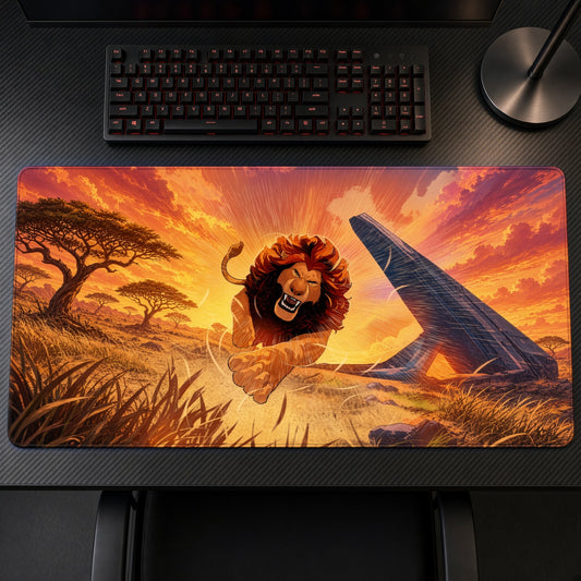 Roaring Lion Savanna Sunset Playmat on a gaming desk, top-down view