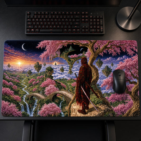 Ronin Cherry Blossom Valley Fantasy Playmat on a gaming desk, top-down view