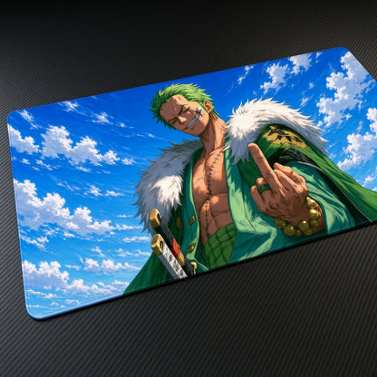Roronoa Zoro Blue Sky One Piece Playmat at an angle on a gaming desk