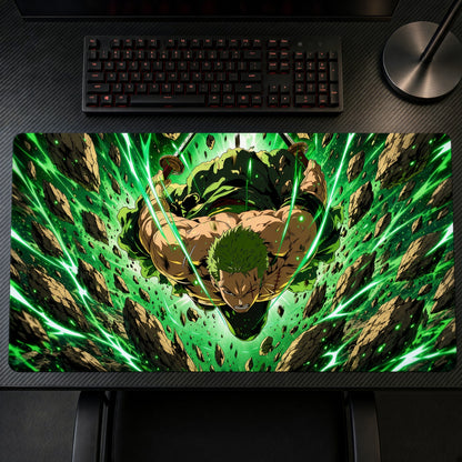 Roronoa Zoro Green Aura One Piece Playmat on a gaming desk, top-down view