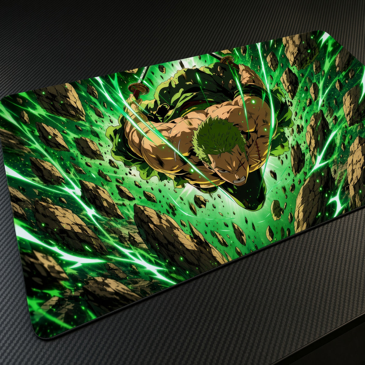 Roronoa Zoro Green Aura One Piece Playmat at an angle on a gaming desk