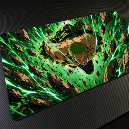 Roronoa Zoro Green Aura One Piece Playmat at an angle on a gaming desk