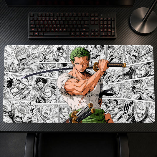 Roronoa Zoro Manga Panels One Piece Playmat on a gaming desk, top-down view