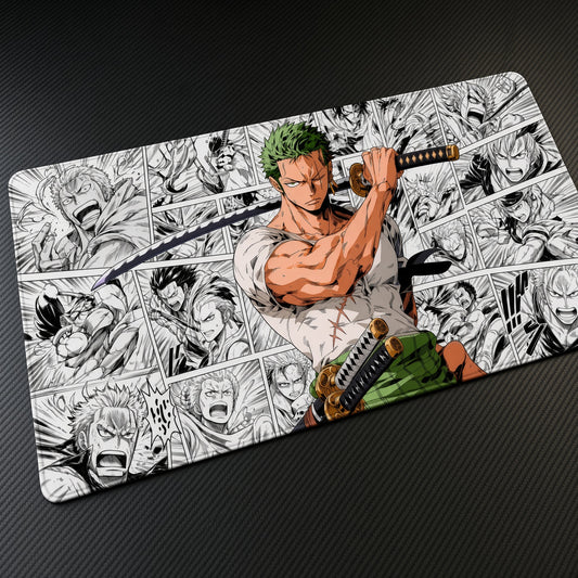 Roronoa Zoro Manga Panels One Piece Playmat at an angle on a gaming desk