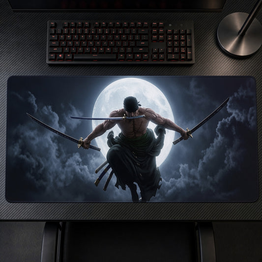 Zoro Santoryu Master playmat on a gaming desk, top-down view