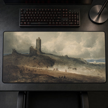 Ruined Castle on a Stormy Coast Playmat on a gaming desk, top-down view