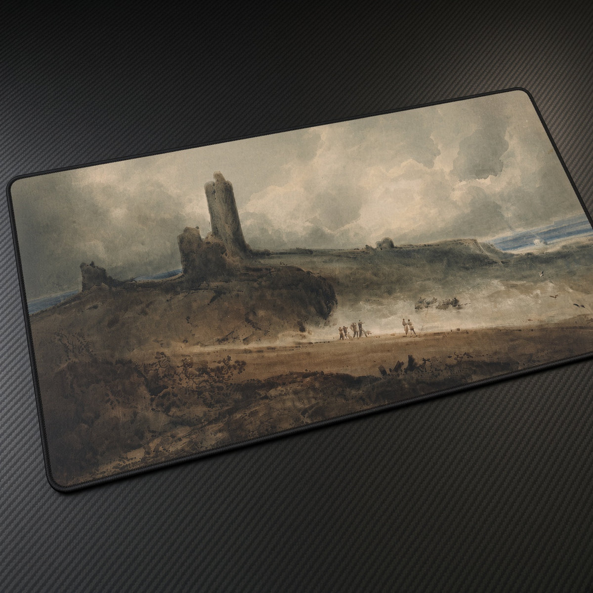 Ruined Castle on a Stormy Coast Playmat at an angle on a gaming desk