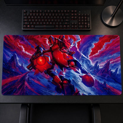 Rumble Mech League of Legends Playmat on a gaming desk, top-down view