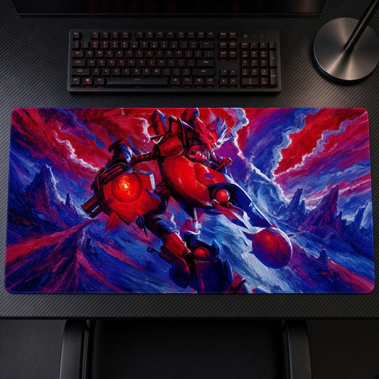 Rumble Mech League of Legends Playmat on a gaming desk, top-down view