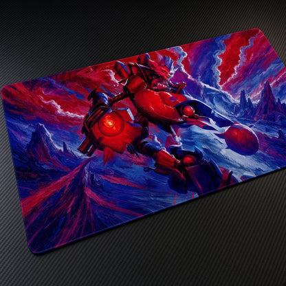 Rumble Mech League of Legends Playmat at an angle on a gaming desk