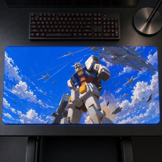 RX-78-2 Gundam Blue Sky Playmat on a gaming desk, top-down view