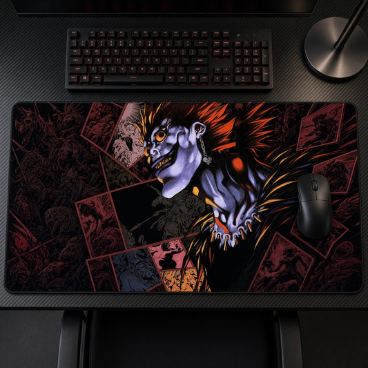 Ryuk Manga Panels Playmat on a gaming desk, top-down view