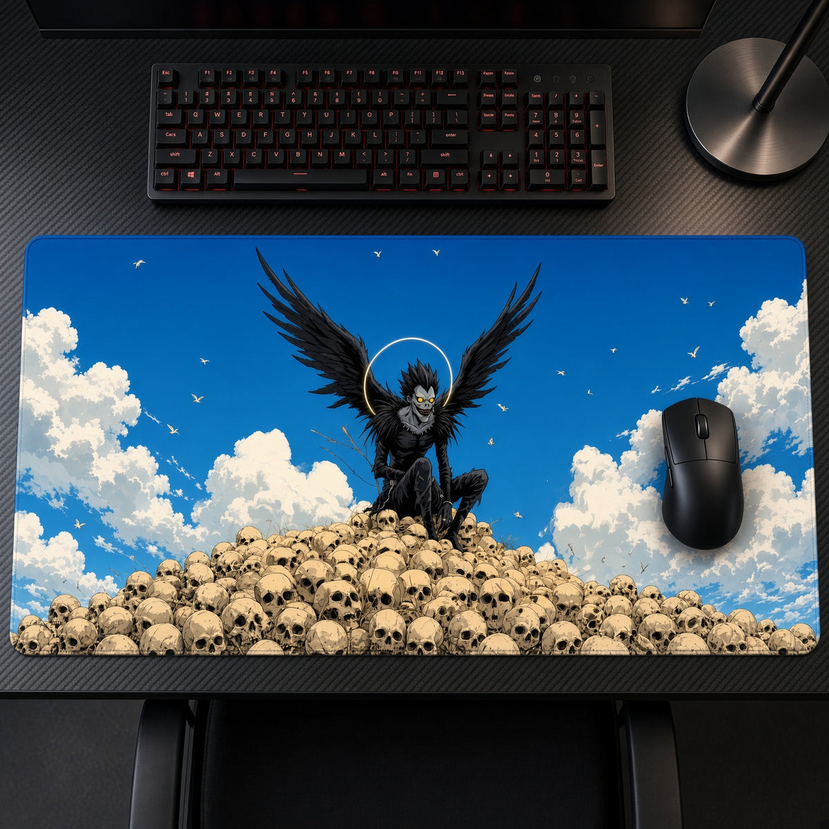 Ryuk Skull Pile Playmat on a gaming desk, top-down view