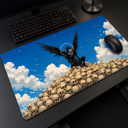 Ryuk Skull Pile Playmat at an angle on a gaming desk