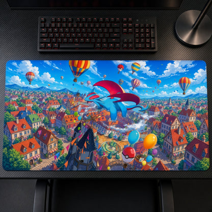 Salamence Balloon Town Pokémon Playmat on a gaming desk, top-down view