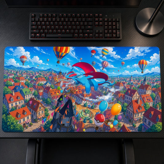 Salamence Balloon Town Pokémon Playmat on a gaming desk, top-down view