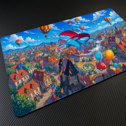 Salamence Balloon Town Pokémon Playmat at an angle with keyboard and mouse