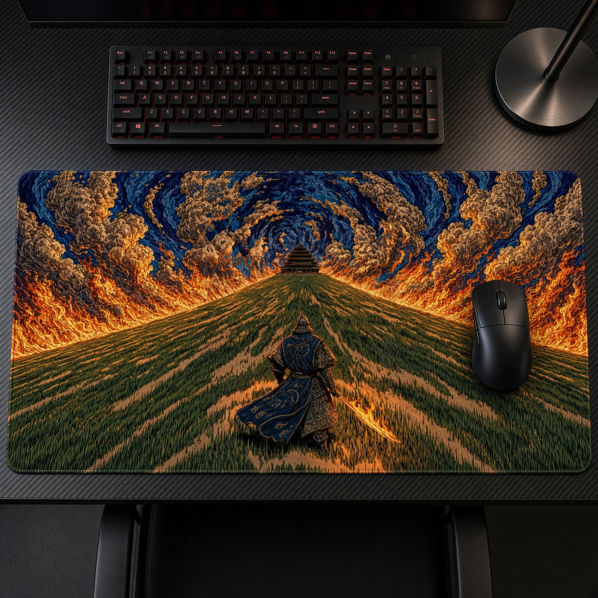Samurai Fire Sky Field Playmat on a gaming desk, top-down view