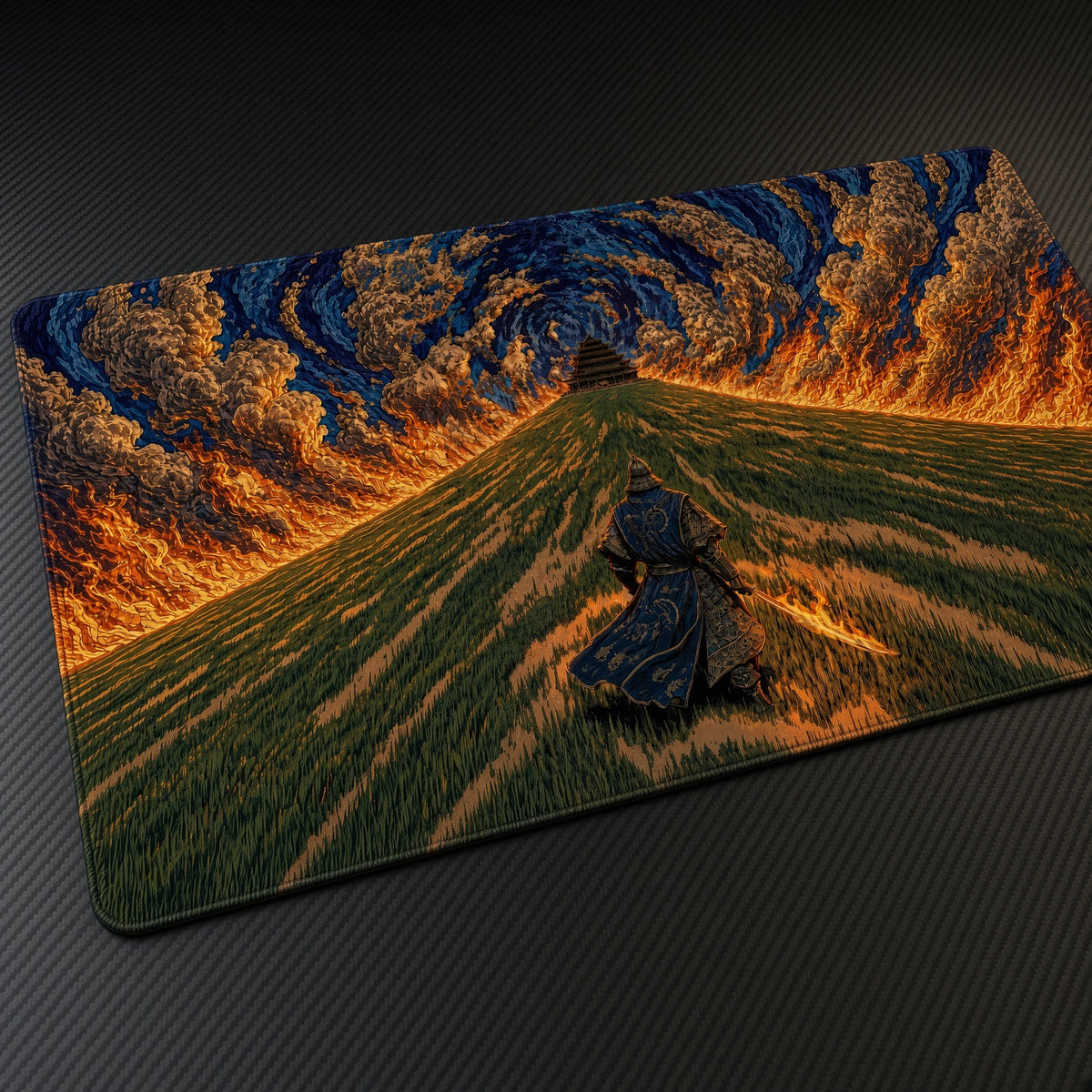 Samurai Fire Sky Field Playmat at an angle on a gaming desk