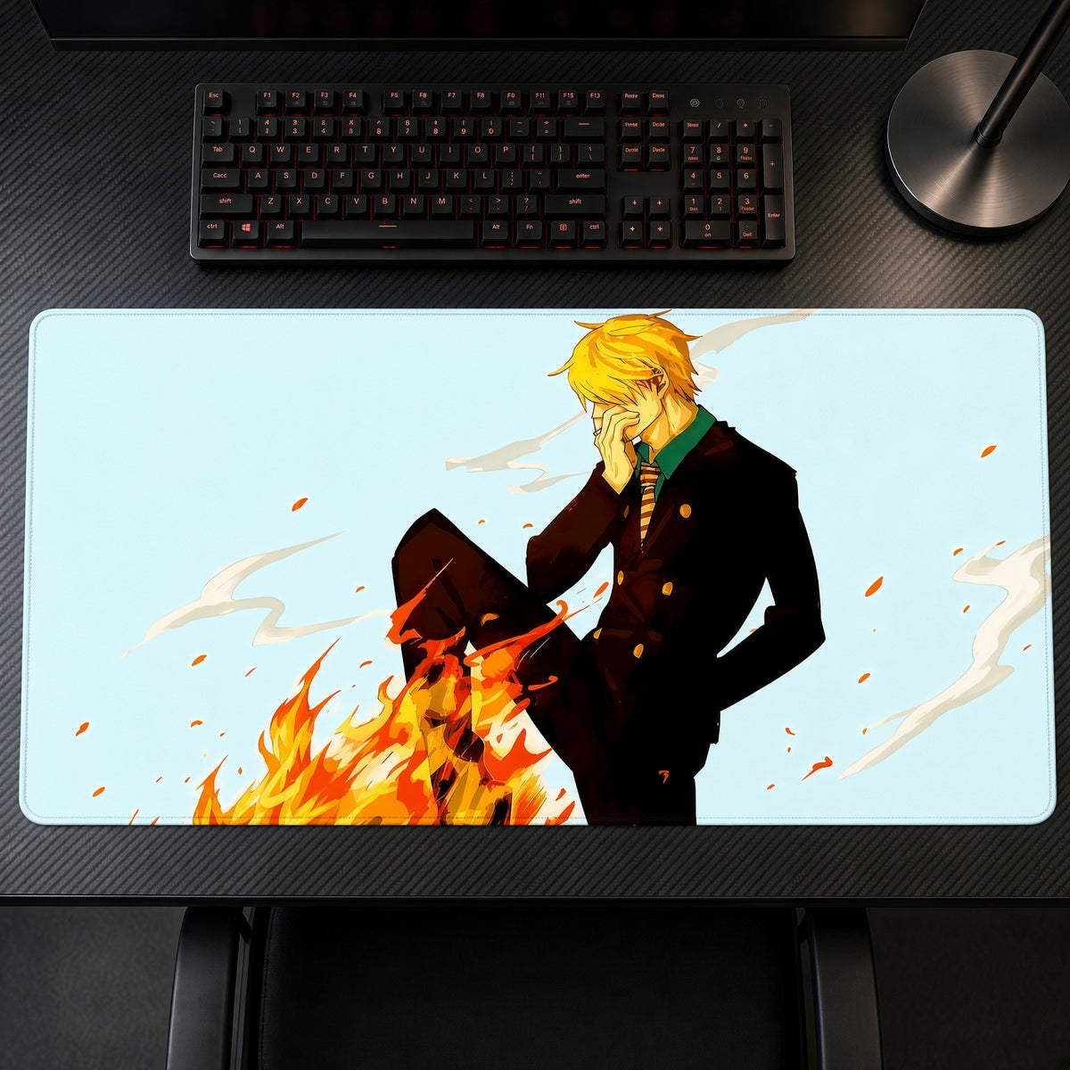 Sanji Fire Kick One Piece Playmat on a gaming desk, top-down view