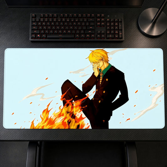 Sanji Fire Kick One Piece Playmat on a gaming desk, top-down view