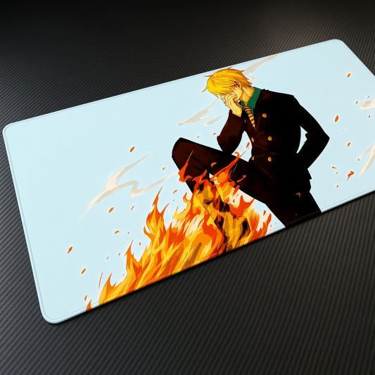 Sanji Fire Kick One Piece Playmat at an angle on a gaming desk