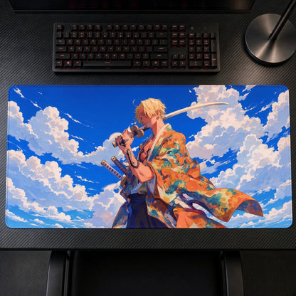 Sanji Kimono Wano One Piece Playmat on a gaming desk, top-down view