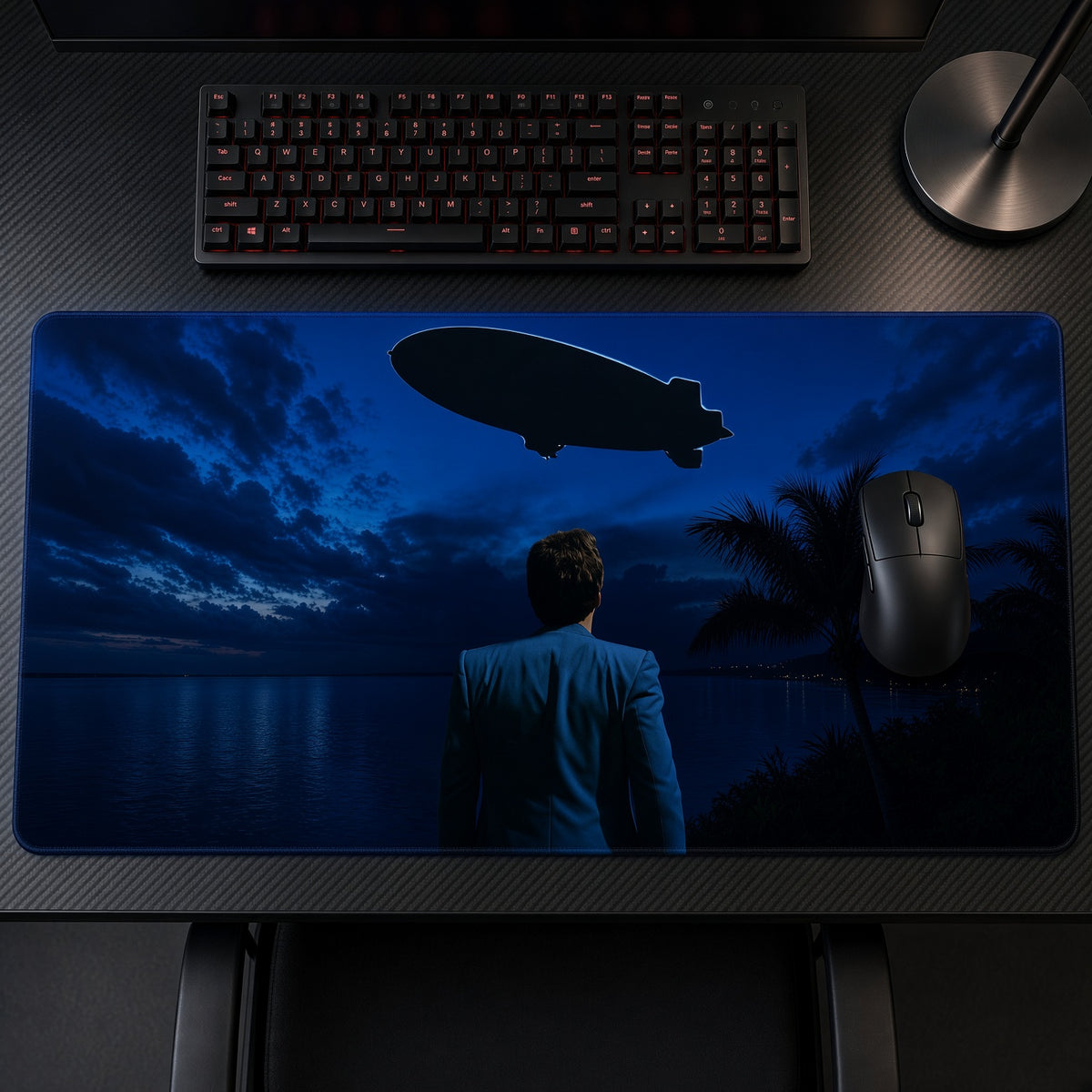 Scarface Blimp The World Is Yours Playmat on a gaming desk, top-down view