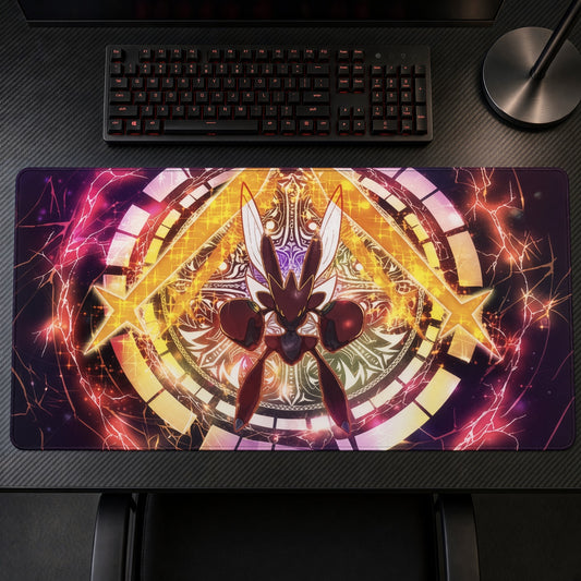 Scizor Steel Pincer playmat on a gaming desk, top-down view