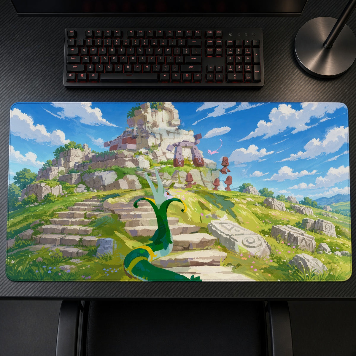 Serperior Ancient Ruins Pokémon Playmat on a gaming desk, top-down view
