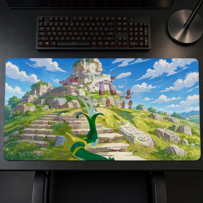 Serperior Ancient Ruins Pokémon Playmat on a gaming desk, top-down view