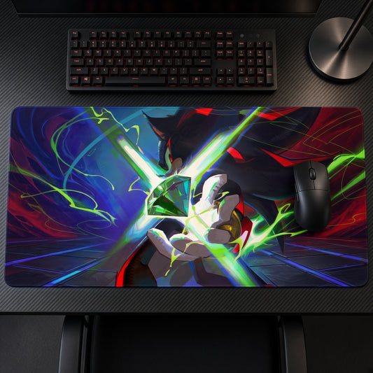 Shadow the Hedgehog Chaos Emerald Sonic Playmat on a gaming desk, top-down view
