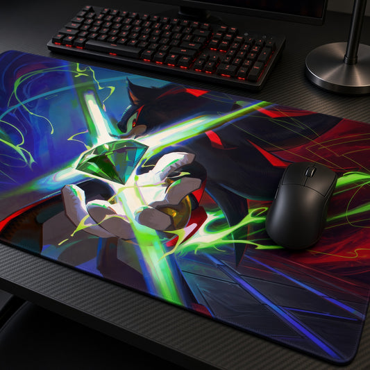 Shadow the Hedgehog Chaos Emerald Sonic Playmat at an angle on a gaming desk