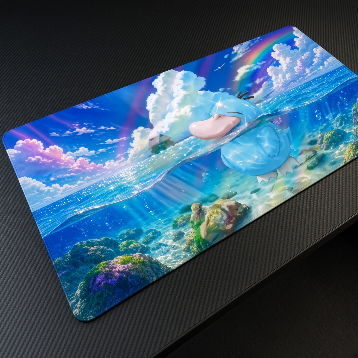 Shiny Psyduck Rainbow Ocean Pokémon Playmat at an angle on a gaming desk