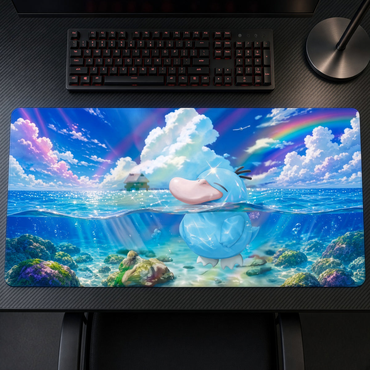 Shiny Psyduck Rainbow Ocean Pokémon Playmat on a gaming desk, top-down view