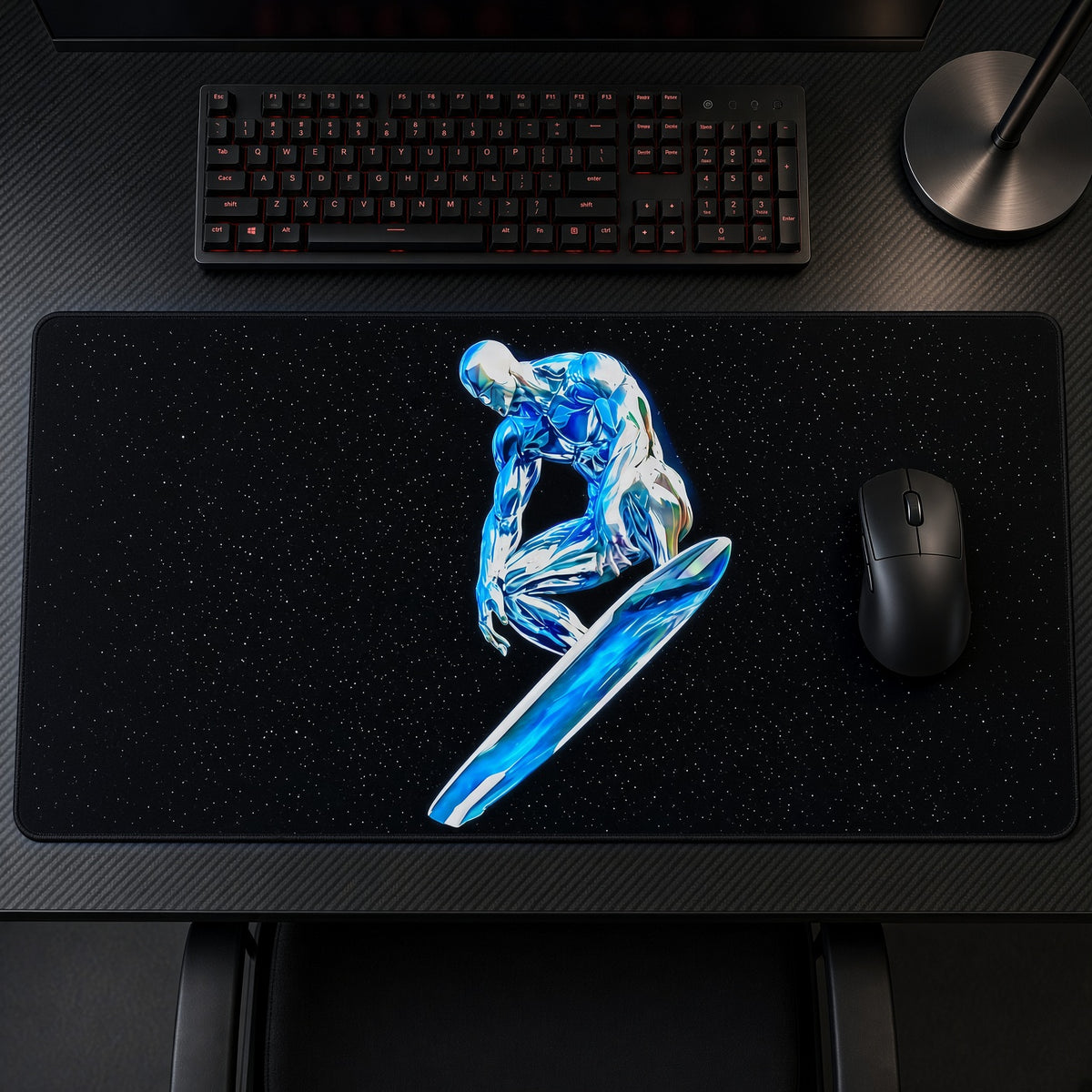 Silver Surfer Cosmic Marvel Playmat on a gaming desk, top-down view
