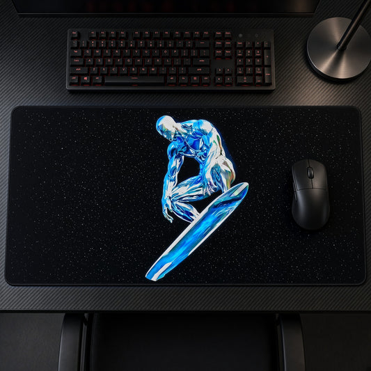 Silver Surfer Cosmic Marvel Playmat on a gaming desk, top-down view