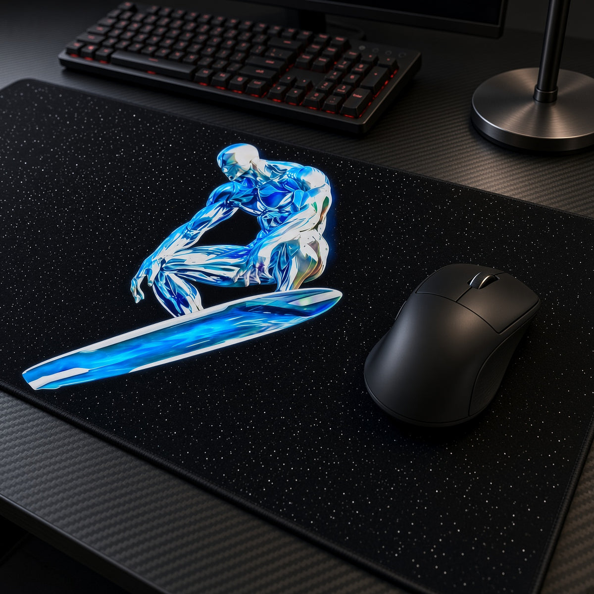 Silver Surfer Cosmic Marvel Playmat at an angle on a gaming desk